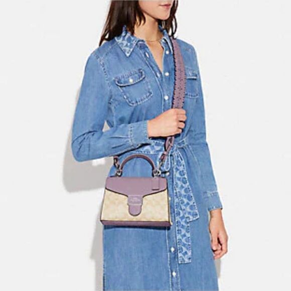 Coach Pepper Satchel Light Khaki & Lilac Purple Signature Canvas Gorgeous Strap - Picture 3 of 7